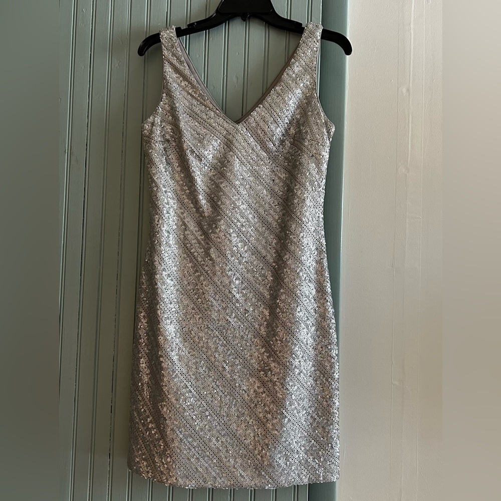 Silver sequin cocktail dress.